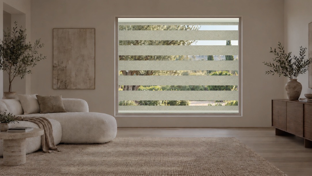 Warm Ivory zebra shade in a furnished living room