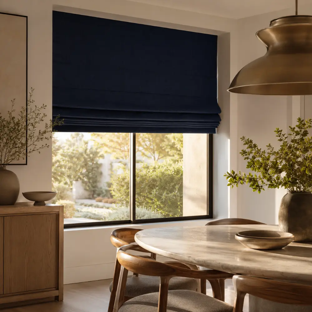 Navy Roman shade framing a dining room window