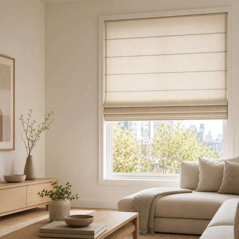 Light neutral Roman shade in a warm contemporary sitting room
