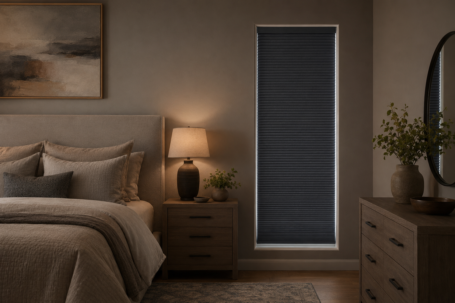 Dark honeycomb shade in a softly lit bedroom