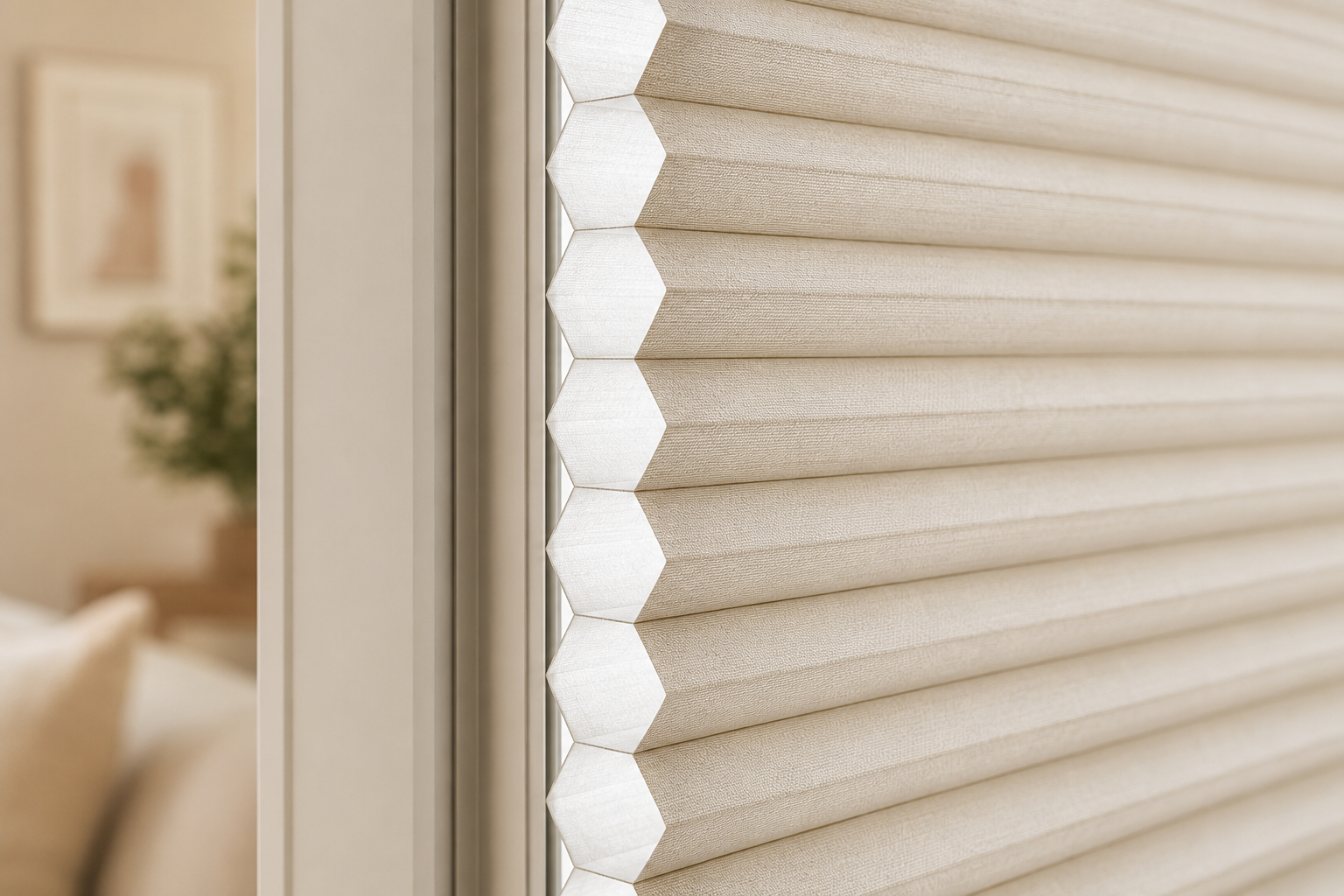 Close detail of a light-coloured cellular shade