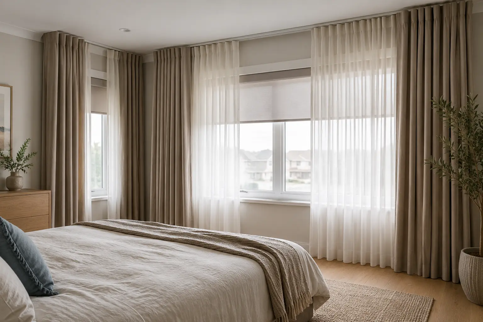 Layered blackout curtains and roller shades in a GTA primary bedroom