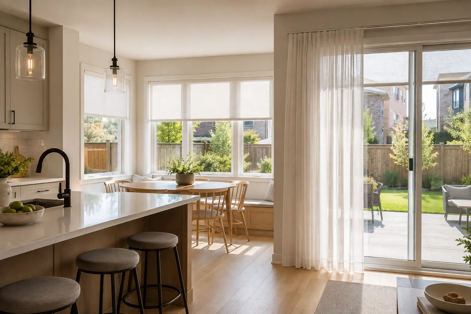 Solar roller shades and patio-door sheers in an Ajax or Whitby kitchen