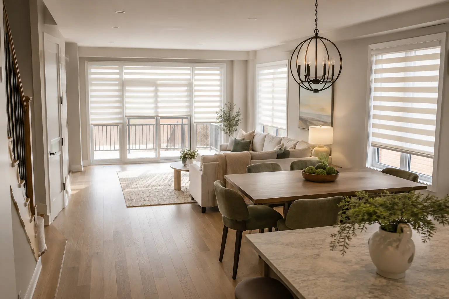 Coordinated zebra blinds in a GTA townhouse living area