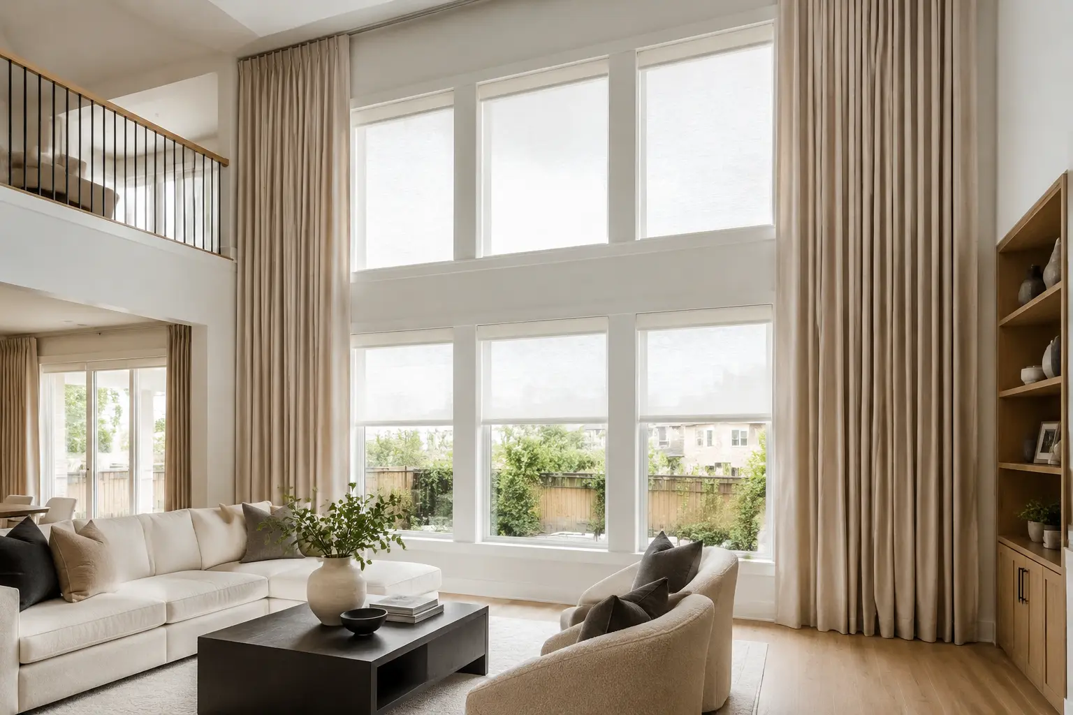 Full-height drapery and motorized shades in a GTA detached home