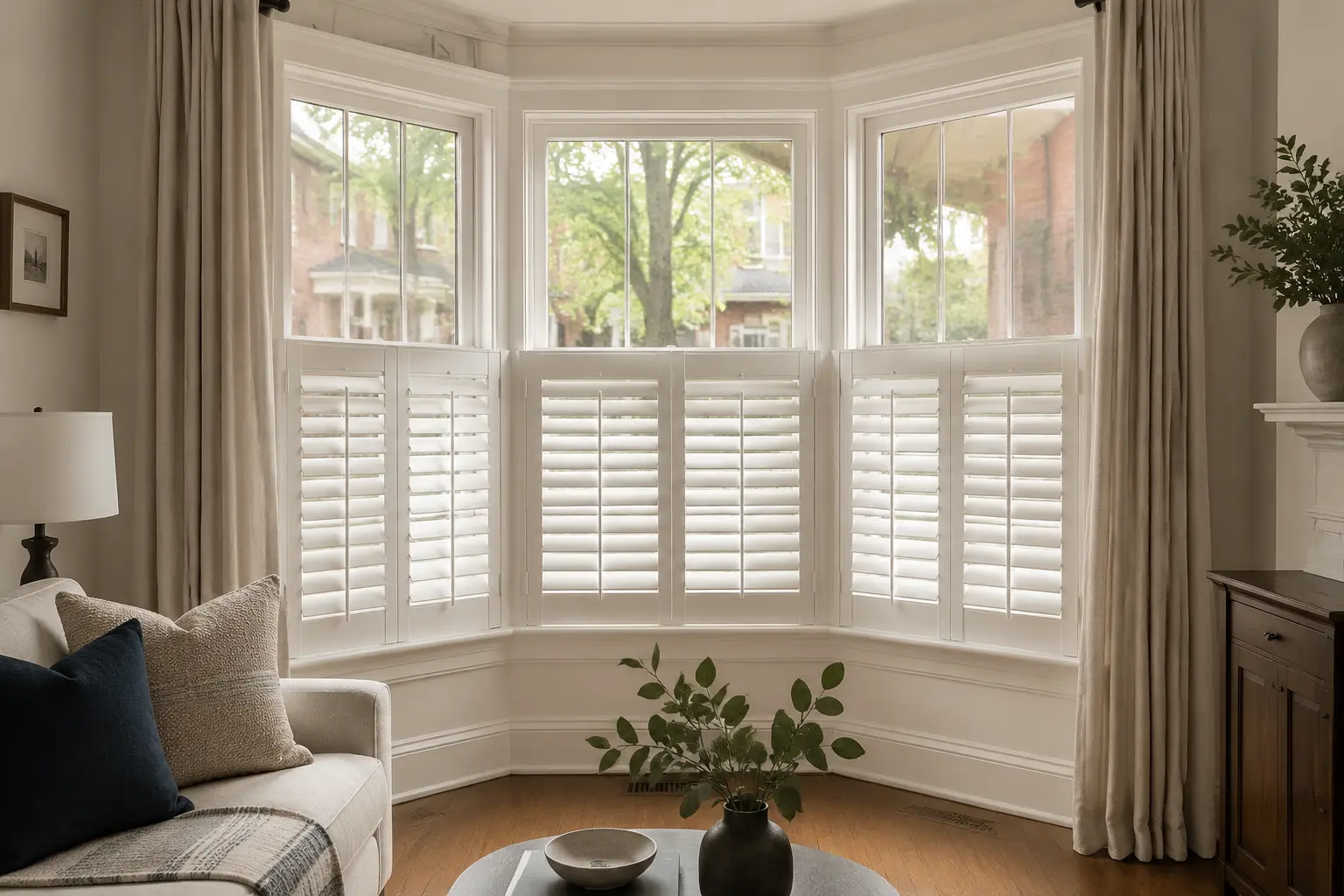Custom café shutters fitted into a Toronto semi-detached bay window