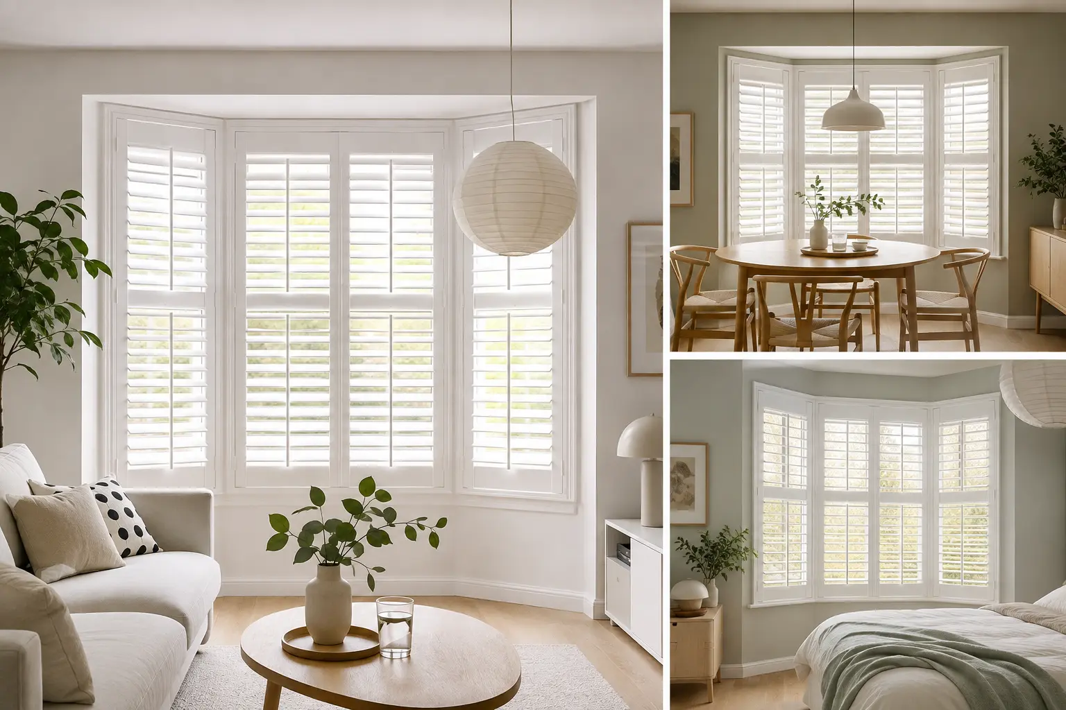 White shutters fitted across the angles of a bay window
