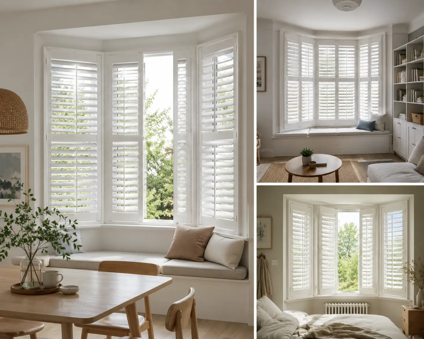 Custom bay window shutters shown in dining, living and bedroom interiors