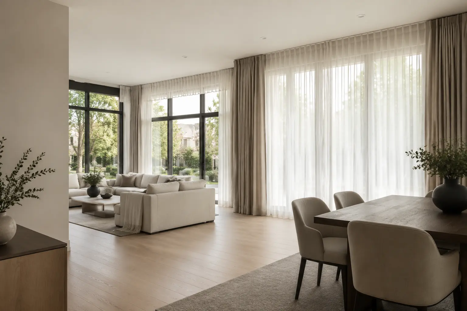 Layered sheer curtains and drapery in a contemporary Greater Toronto Area home