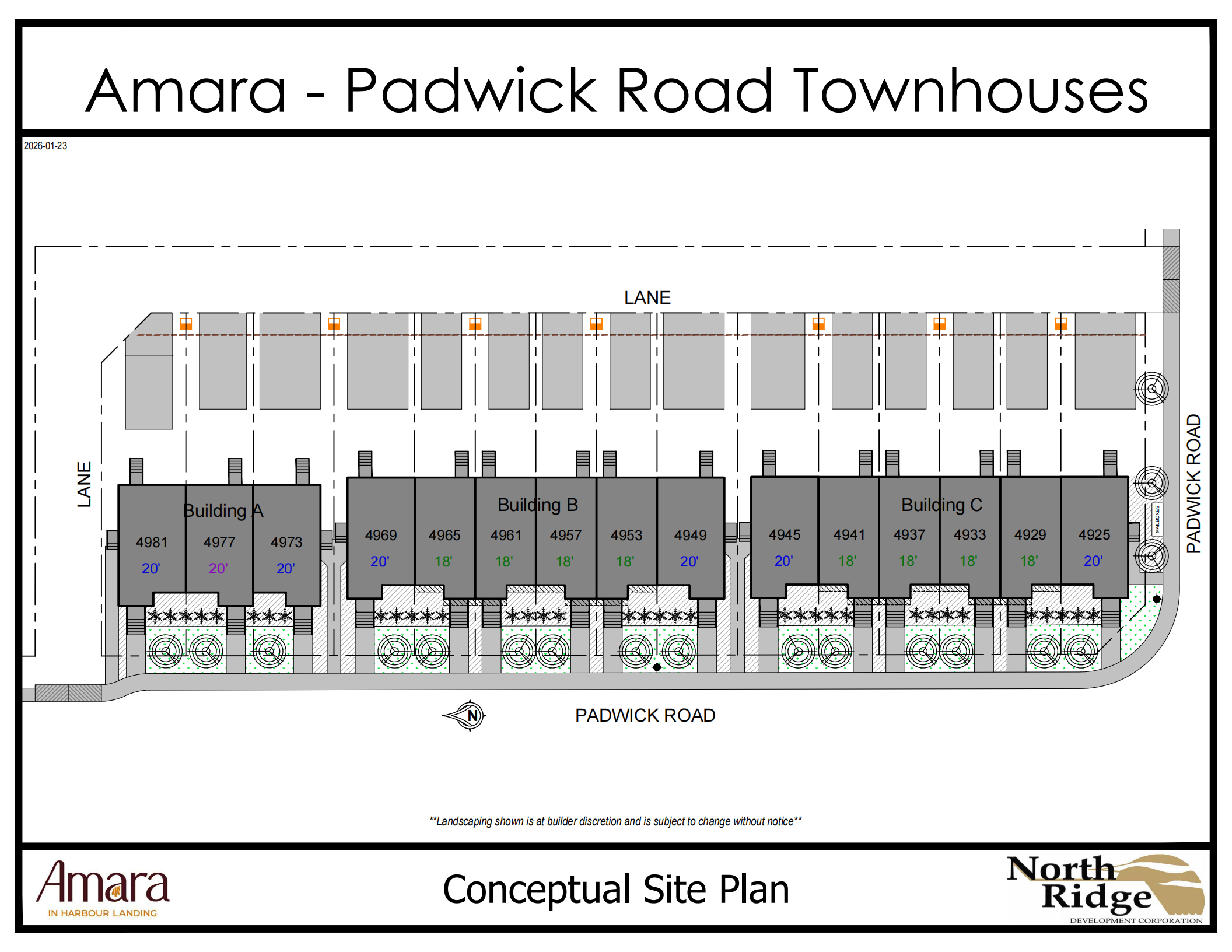 Amara Padwick Road Townhouses conceptual site plan showing three buildings and 15 residences in Regina, Saskatchewan