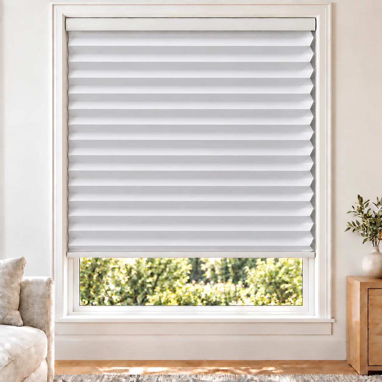 Pearl White 45mm honeycomb cellular blind in a bright neutral living room, fabric B01-45, blackout