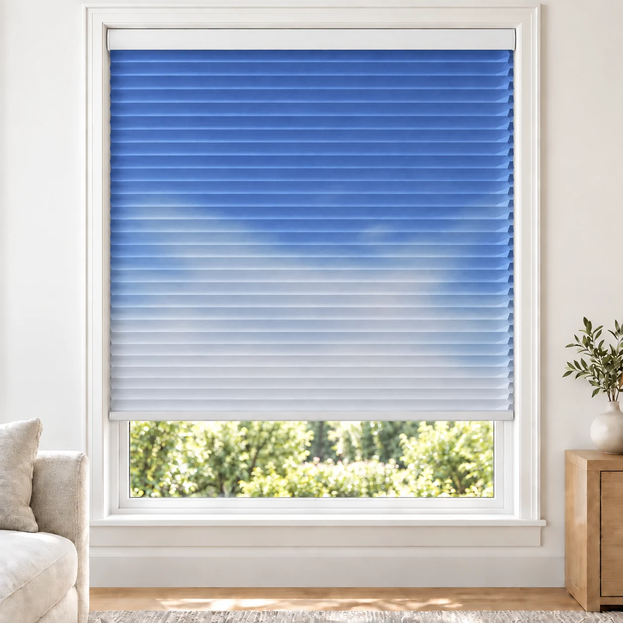 Twilight Cloud 25mm honeycomb cellular blind in a bright neutral living room, fabric B013, blackout