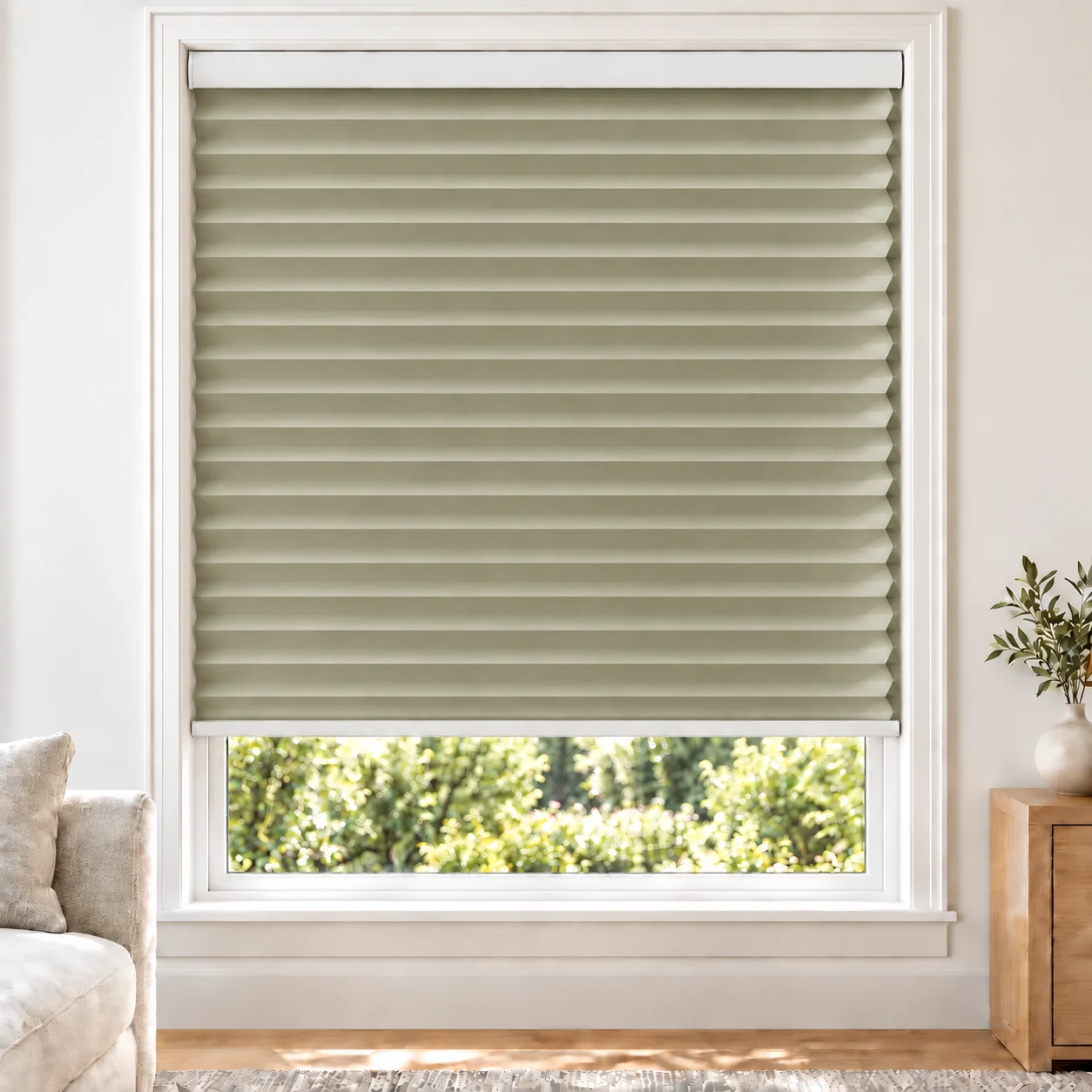 Olive Sand 38mm honeycomb cellular blind in a bright neutral living room, fabric B06-38, blackout