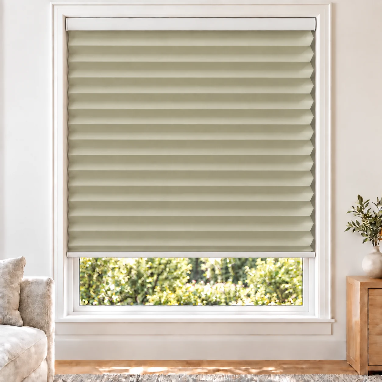 Olive Sand 45mm honeycomb cellular blind in a bright neutral living room, fabric B06-45, blackout