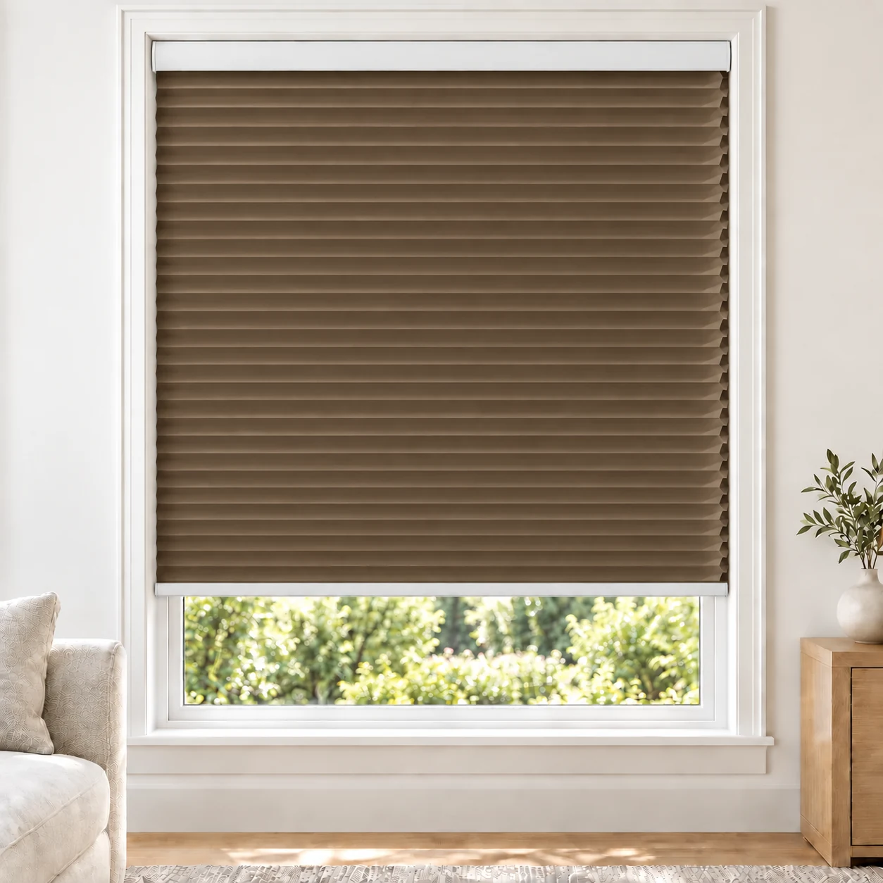 Golden Walnut 25mm honeycomb cellular blind in a bright neutral living room, fabric B08, blackout