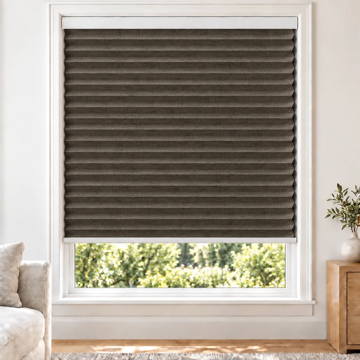 Bronze Heather 38mm honeycomb cellular blind in a bright neutral living room, fabric BMF16-38, blackout