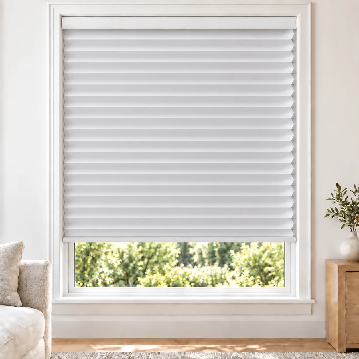 Pearl White 38mm honeycomb cellular blind in a bright neutral living room, fabric L01-38, 70% shading