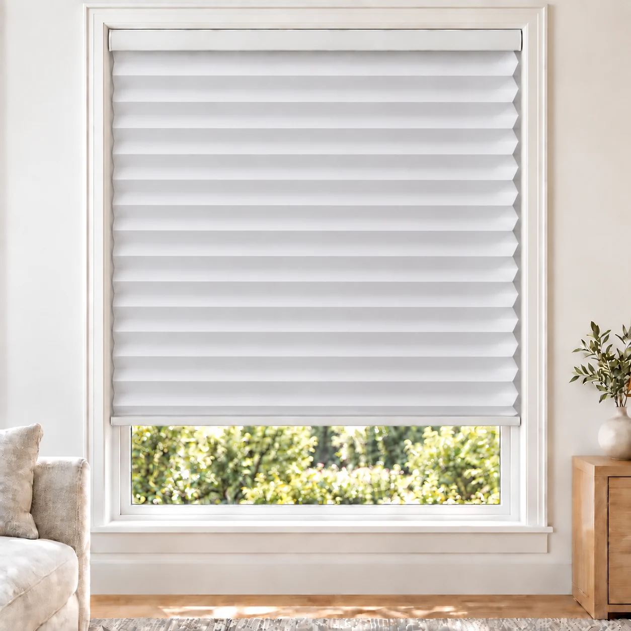 Pearl White 45mm honeycomb cellular blind in a bright neutral living room, fabric L01-45, 70% shading