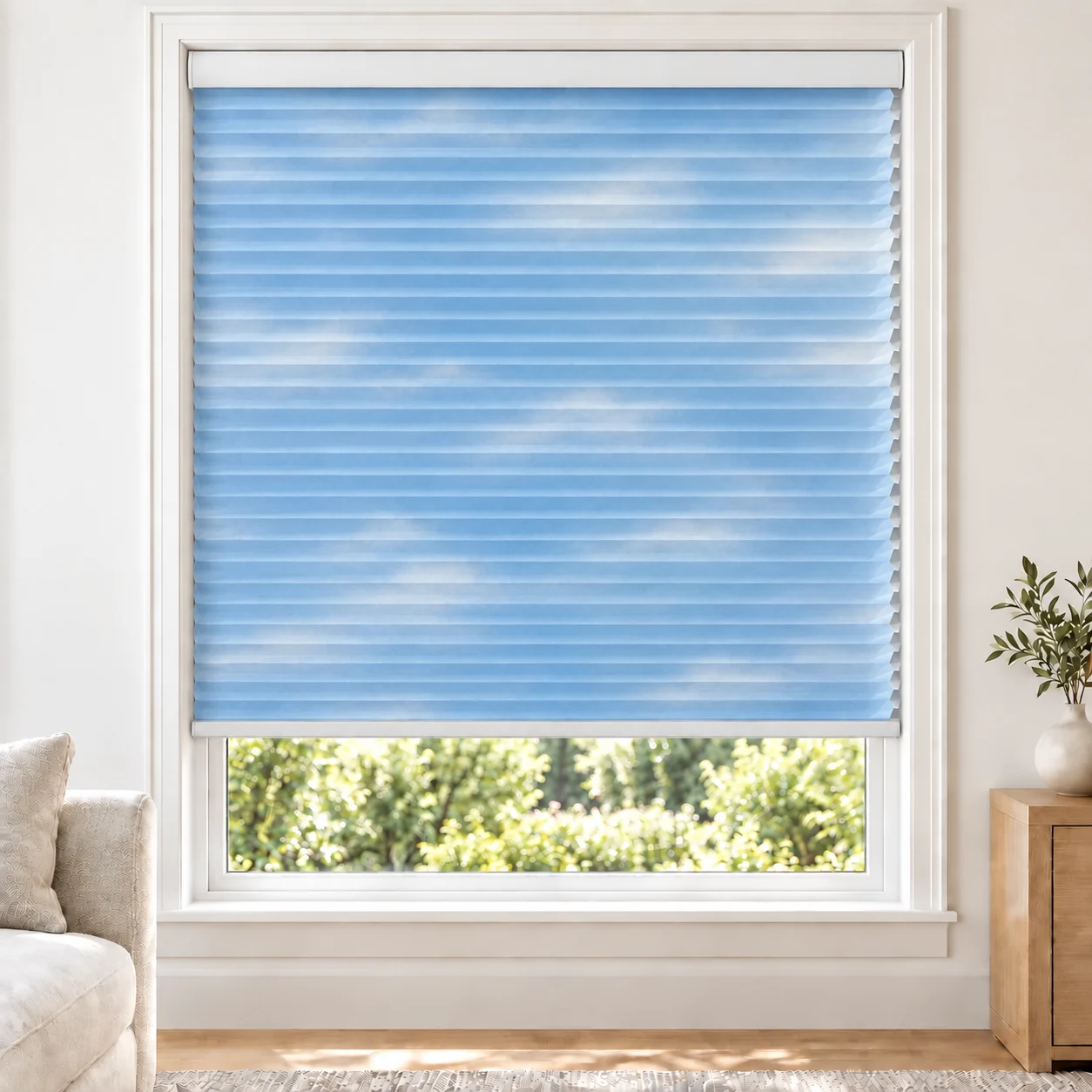 Sky Cloud 25mm honeycomb cellular blind in a bright neutral living room, fabric L014, 70% shading