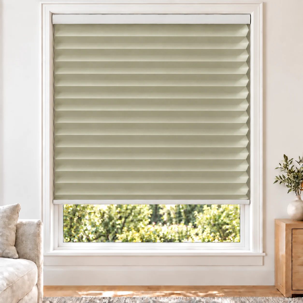 Olive Sand 45mm honeycomb cellular blind in a bright neutral living room, fabric L06-45, 70% shading