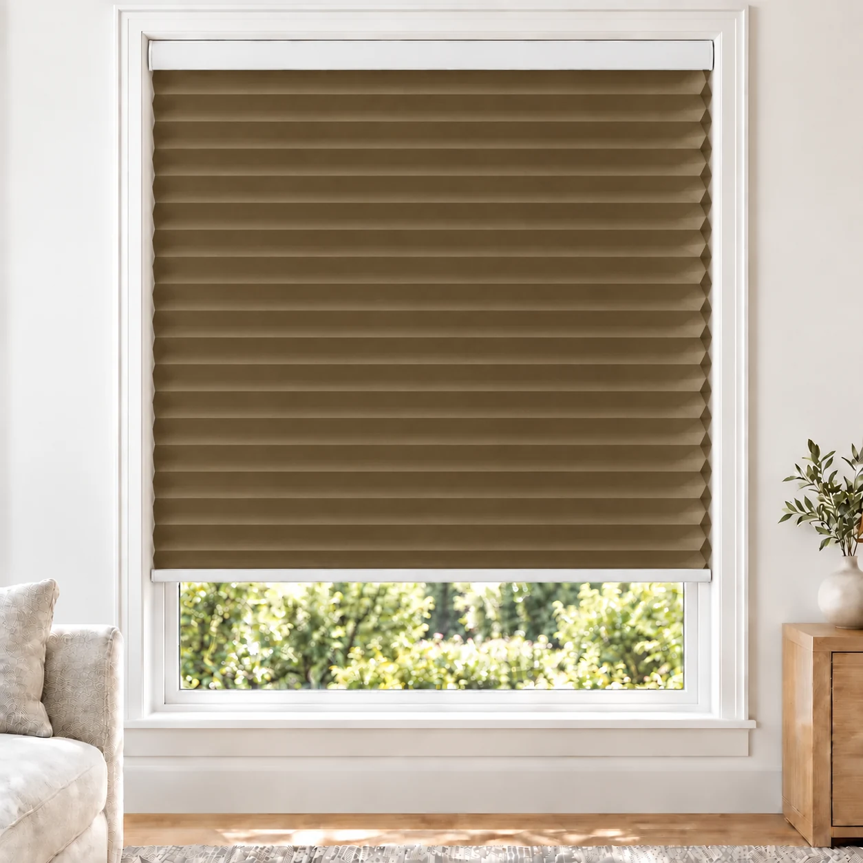 Golden Walnut 38mm honeycomb cellular blind in a bright neutral living room, fabric L08-38, 70% shading