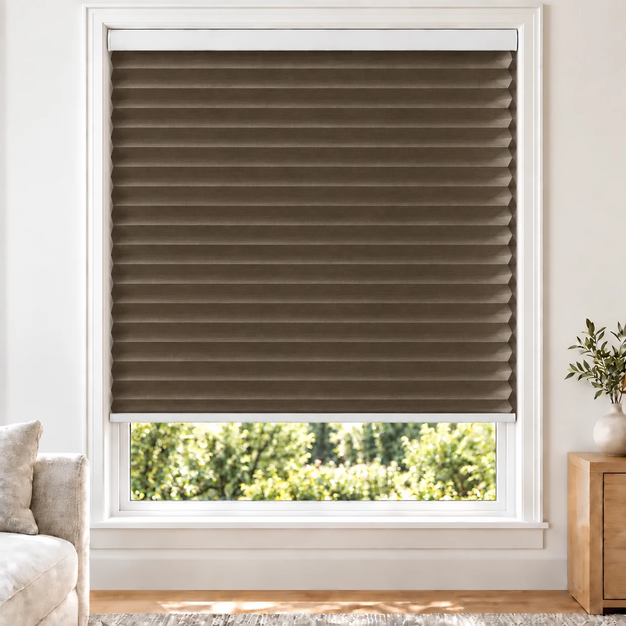 Walnut 38mm honeycomb cellular blind in a bright neutral living room, fabric LTH08-38, 70% shading