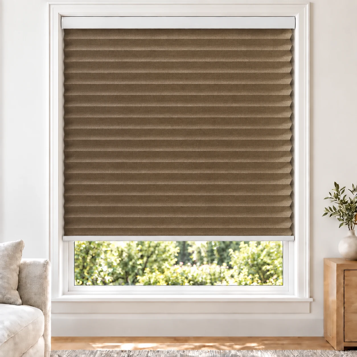 Bronze Weave 38mm honeycomb cellular blind in a bright neutral living room, fabric LYM06-38, 70% shading