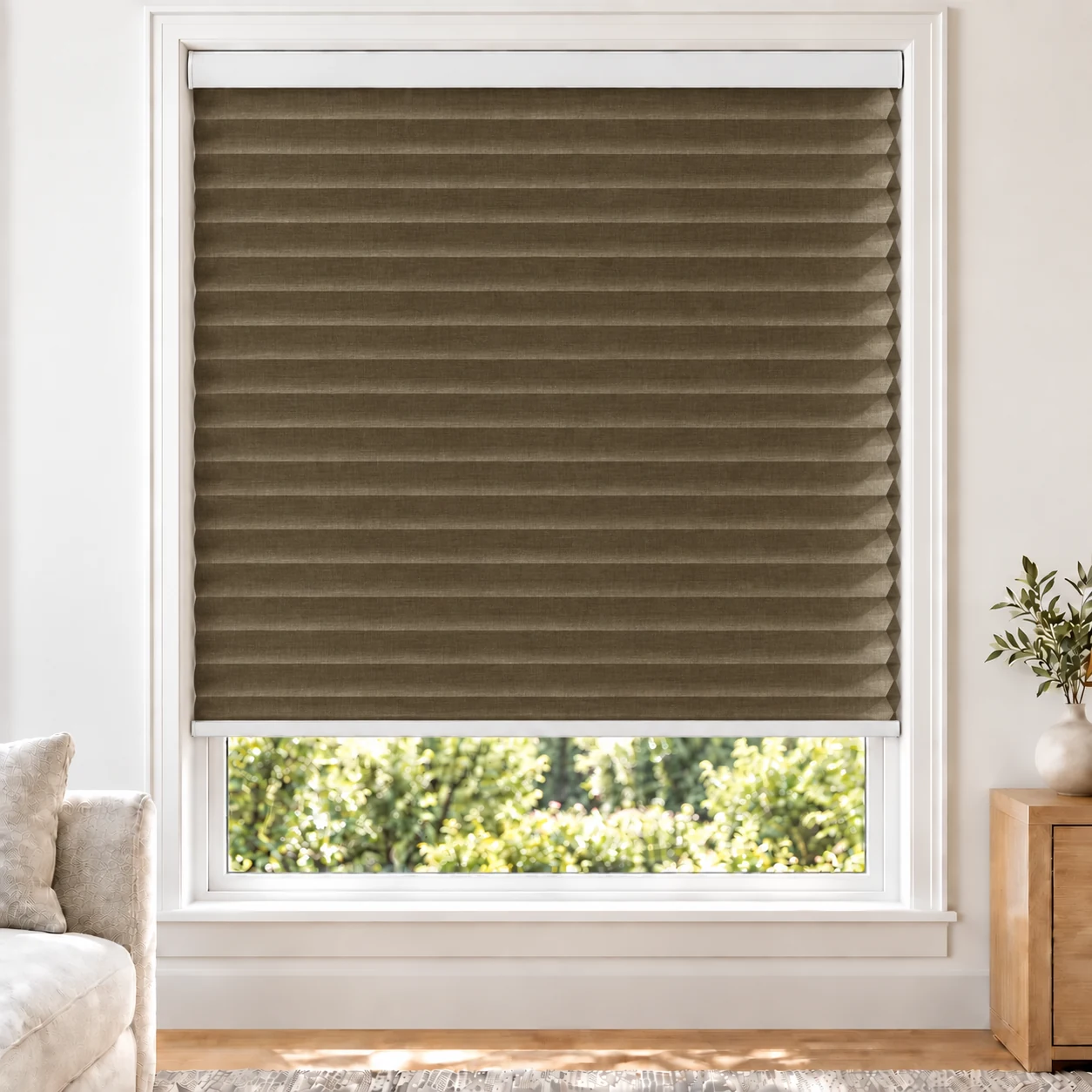 Taupe Weave 38mm honeycomb cellular blind in a bright neutral living room, fabric LYM14-38, 70% shading