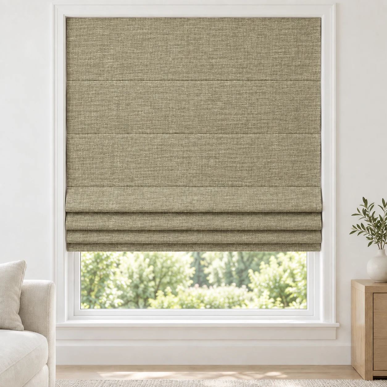 Golden Linen cordless Roman shade with a softly layered woven texture in a styled living room, blackout, fabric BML24