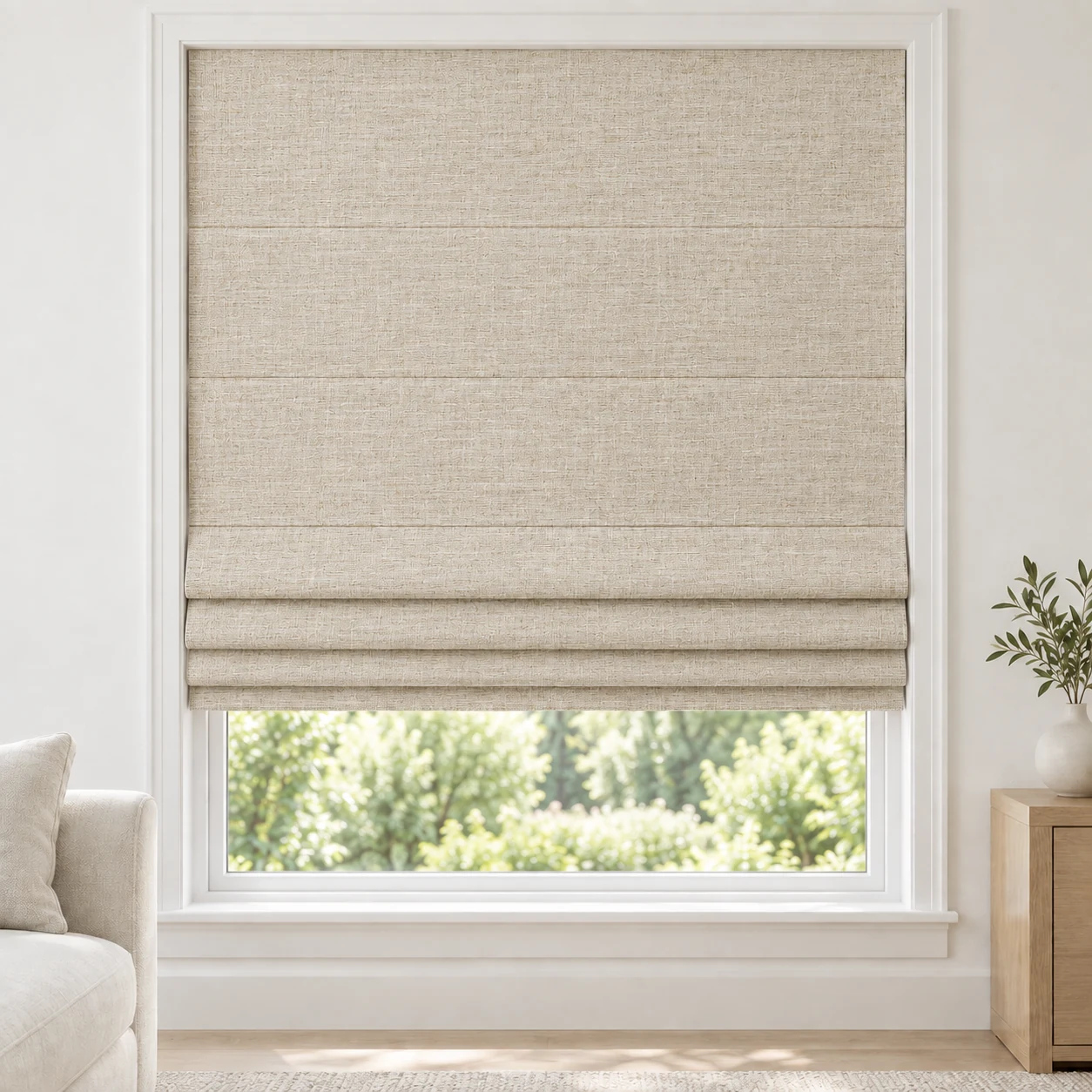 Natural Flax cordless Roman shade with a gently striated woven texture in a styled living room, blackout, fabric BMY06