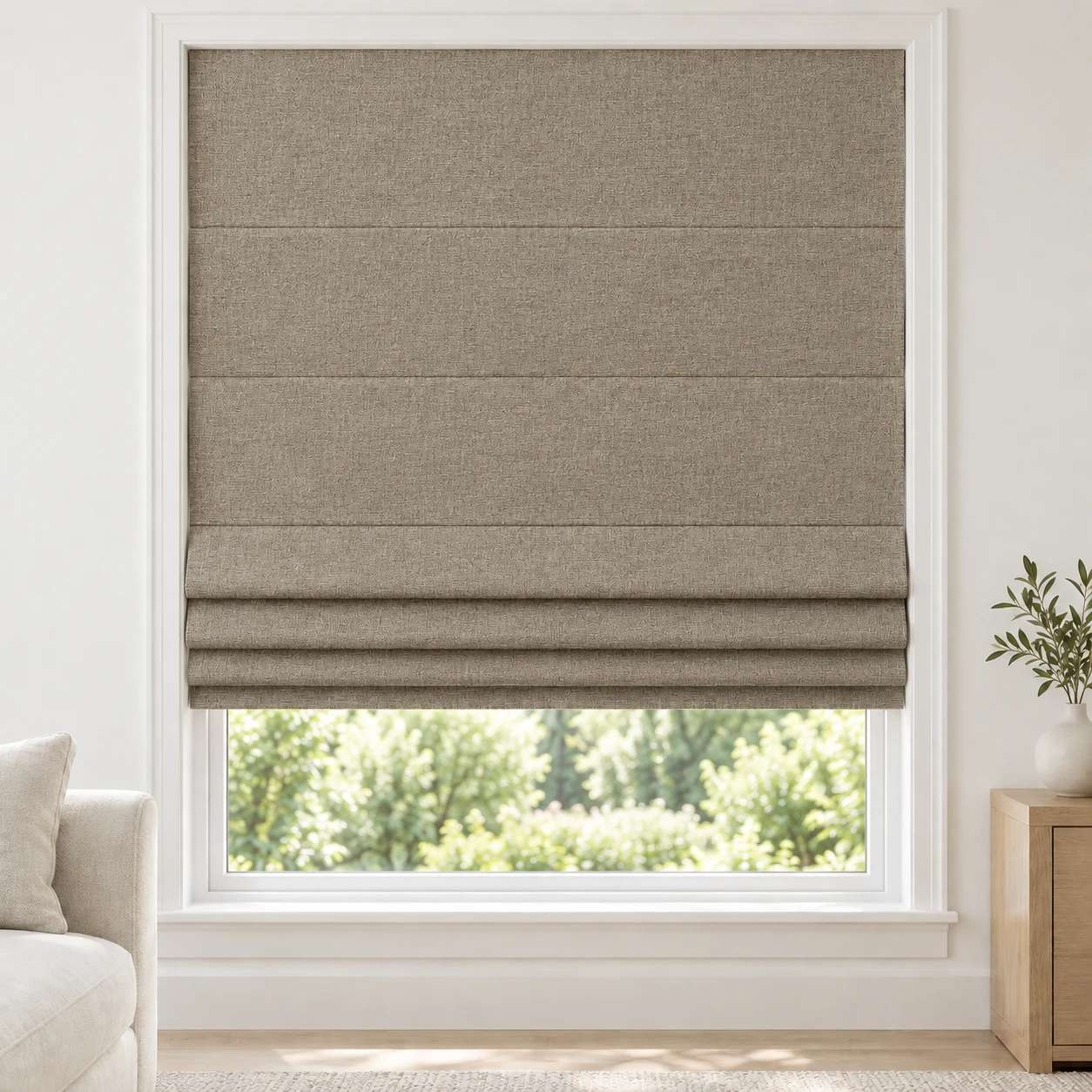 Warm Taupe cordless Roman shade with a subtle matte texture in a styled living room, blackout, fabric BSY05
