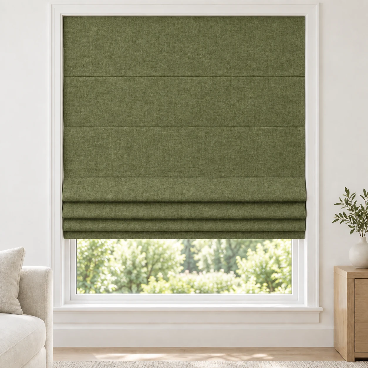 Moss Green cordless Roman shade with a subtle matte texture in a styled living room, blackout, fabric BSY07