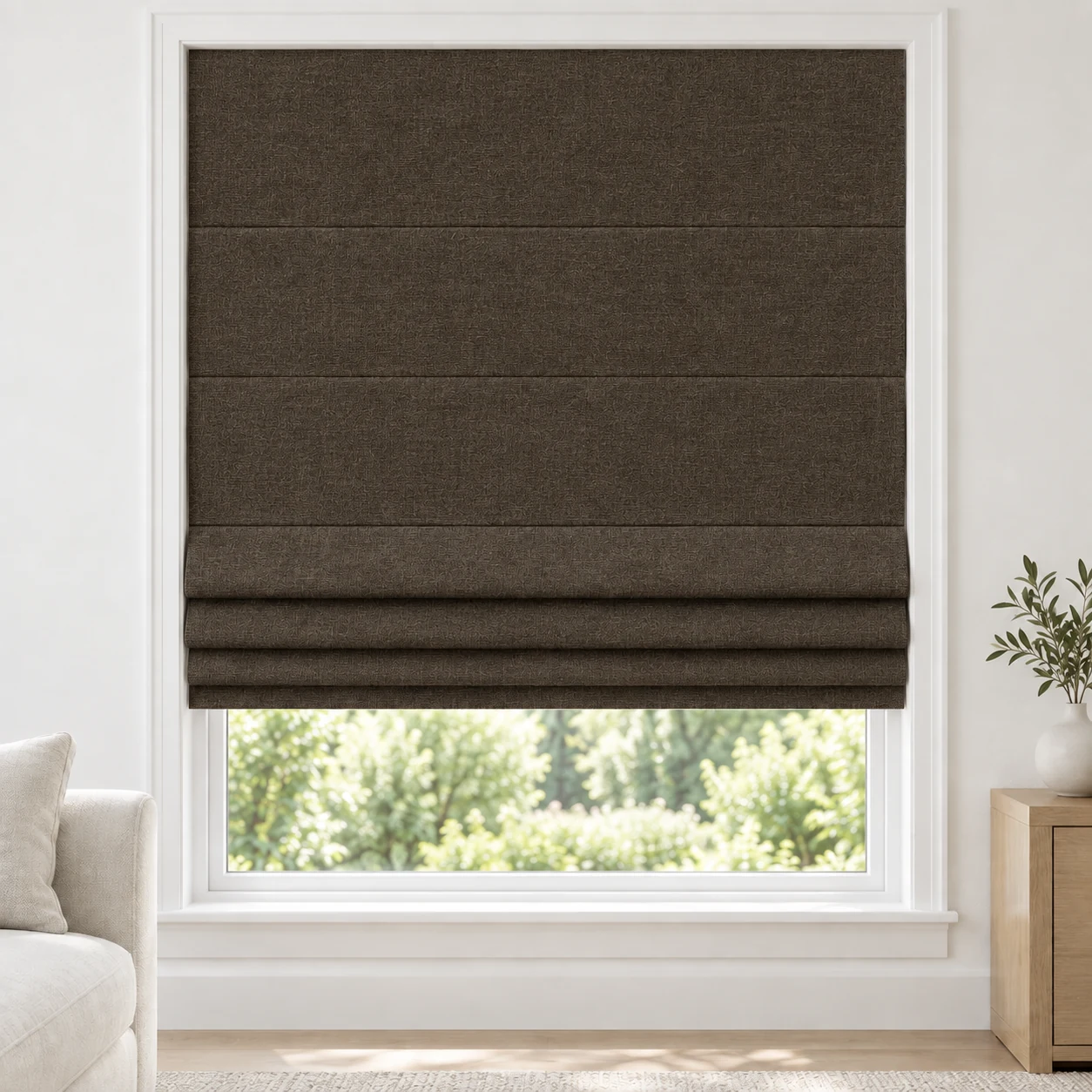 Chocolate cordless Roman shade with a subtle matte texture in a styled living room, blackout, fabric BSY08