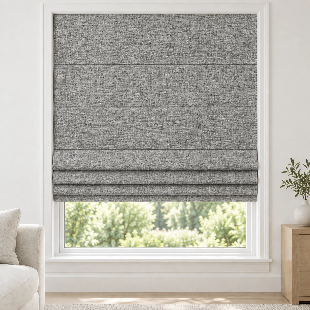 Silver Heather cordless Roman shade with a rich, mottled linen-style texture in a styled living room, blackout, fabric BTM03