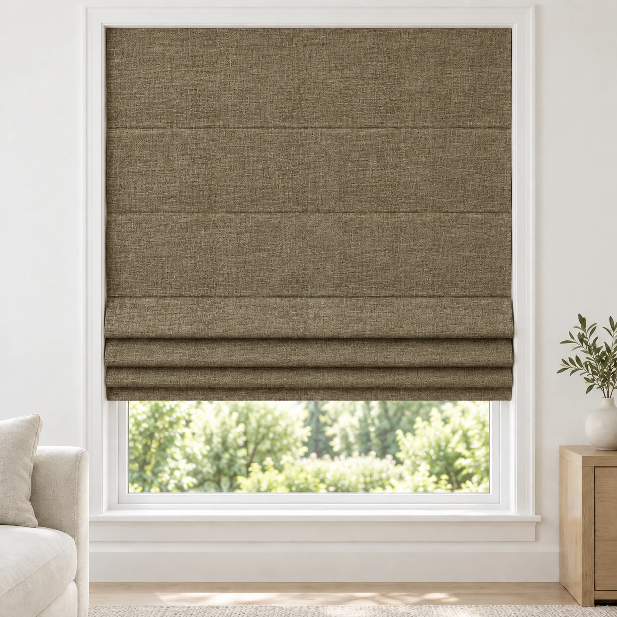 Khaki Taupe cordless Roman shade with a rich, mottled linen-style texture in a styled living room, blackout, fabric BTM05
