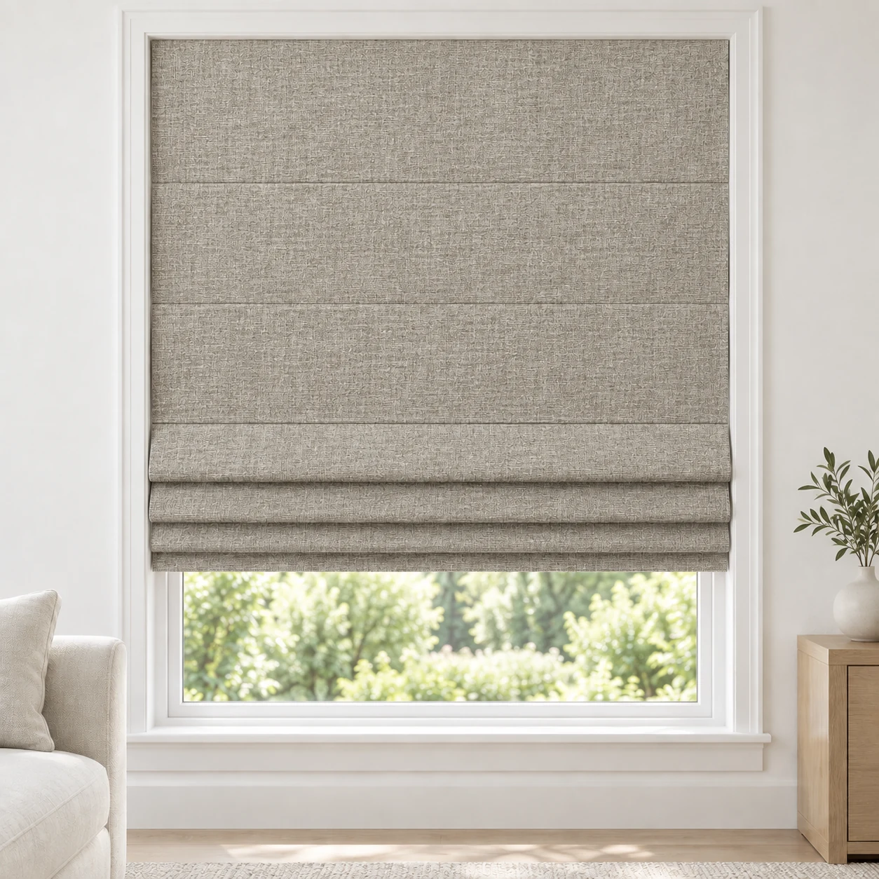 Flax Greige cordless Roman shade with a rich, mottled linen-style texture in a styled living room, blackout, fabric BTM06