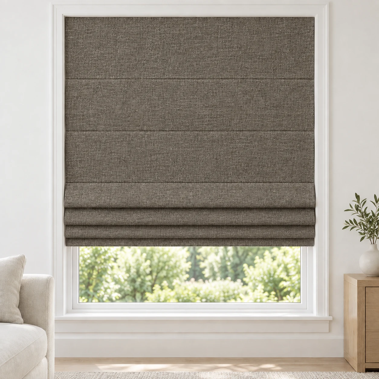 Smoky Brown cordless Roman shade with a rich, mottled linen-style texture in a styled living room, blackout, fabric BTM13
