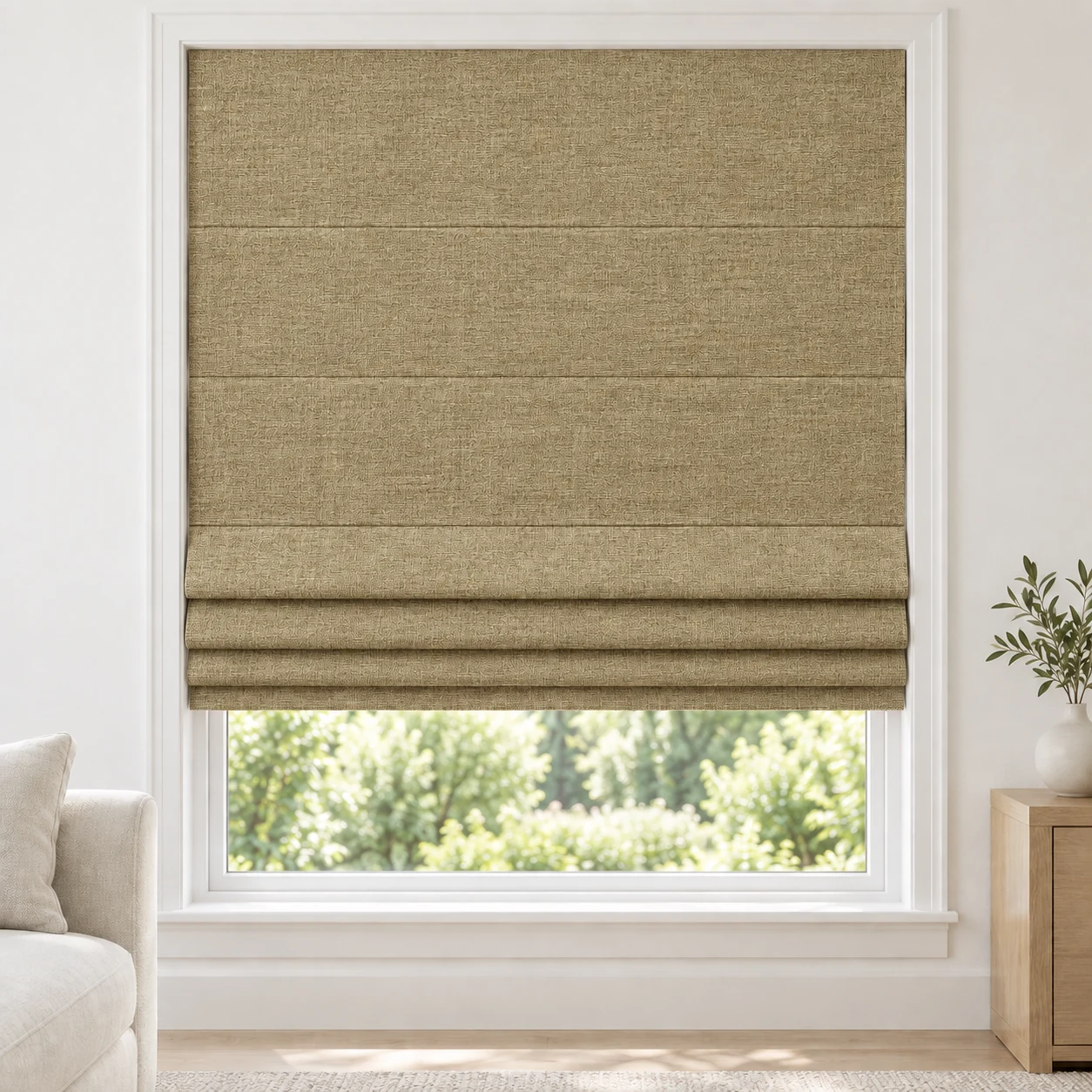 Golden Wheat cordless Roman shade with a rich, mottled linen-style texture in a styled living room, blackout, fabric BTM23