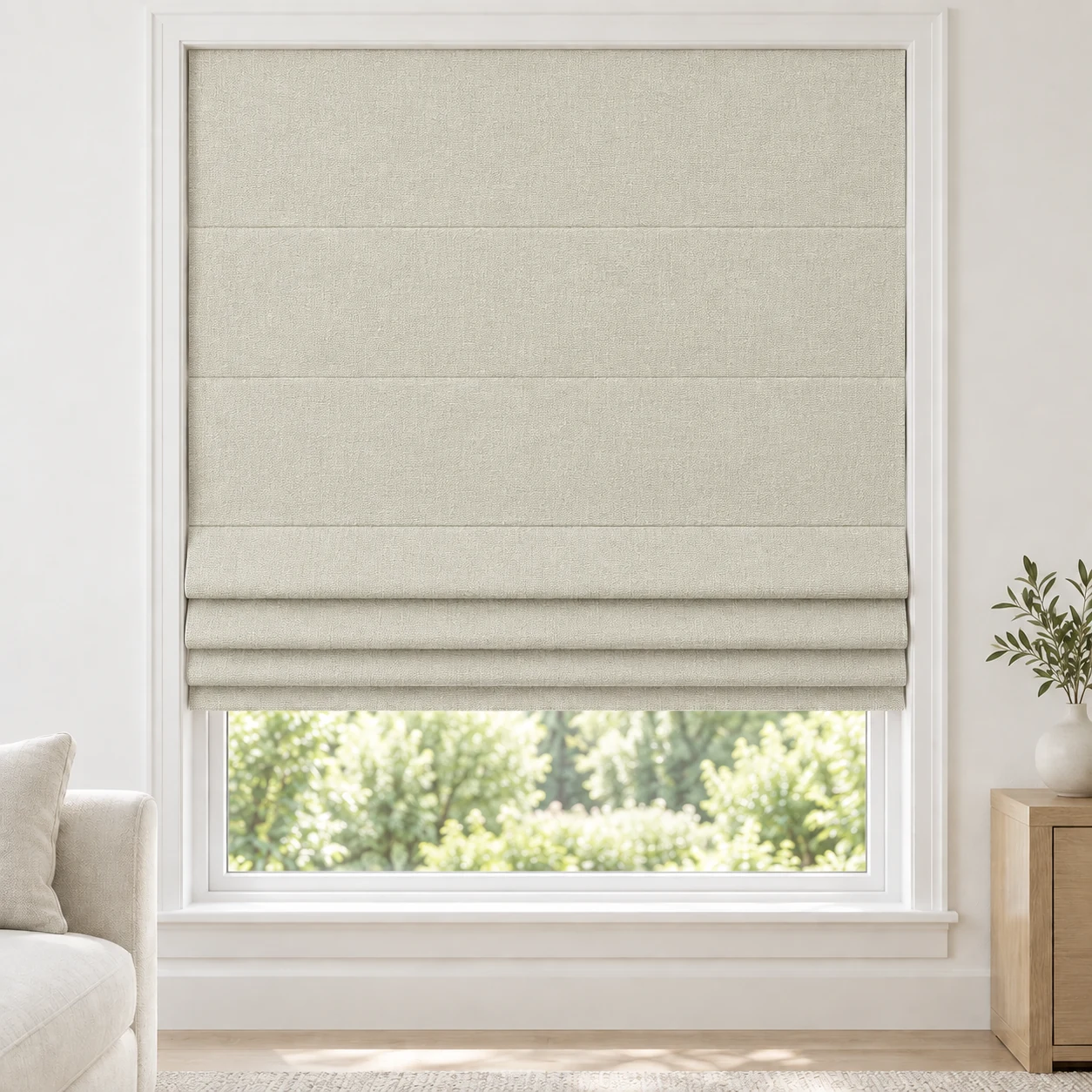 Cream Ivory cordless Roman shade with a subtle crosswoven texture in a styled living room, blackout, fabric BTW06