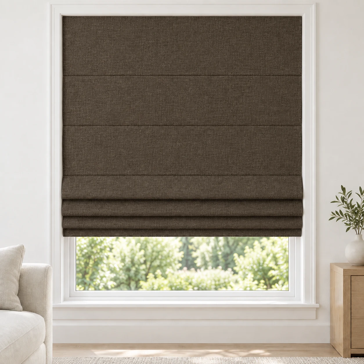 Chocolate cordless Roman shade with a subtle crosswoven texture in a styled living room, blackout, fabric BTW08