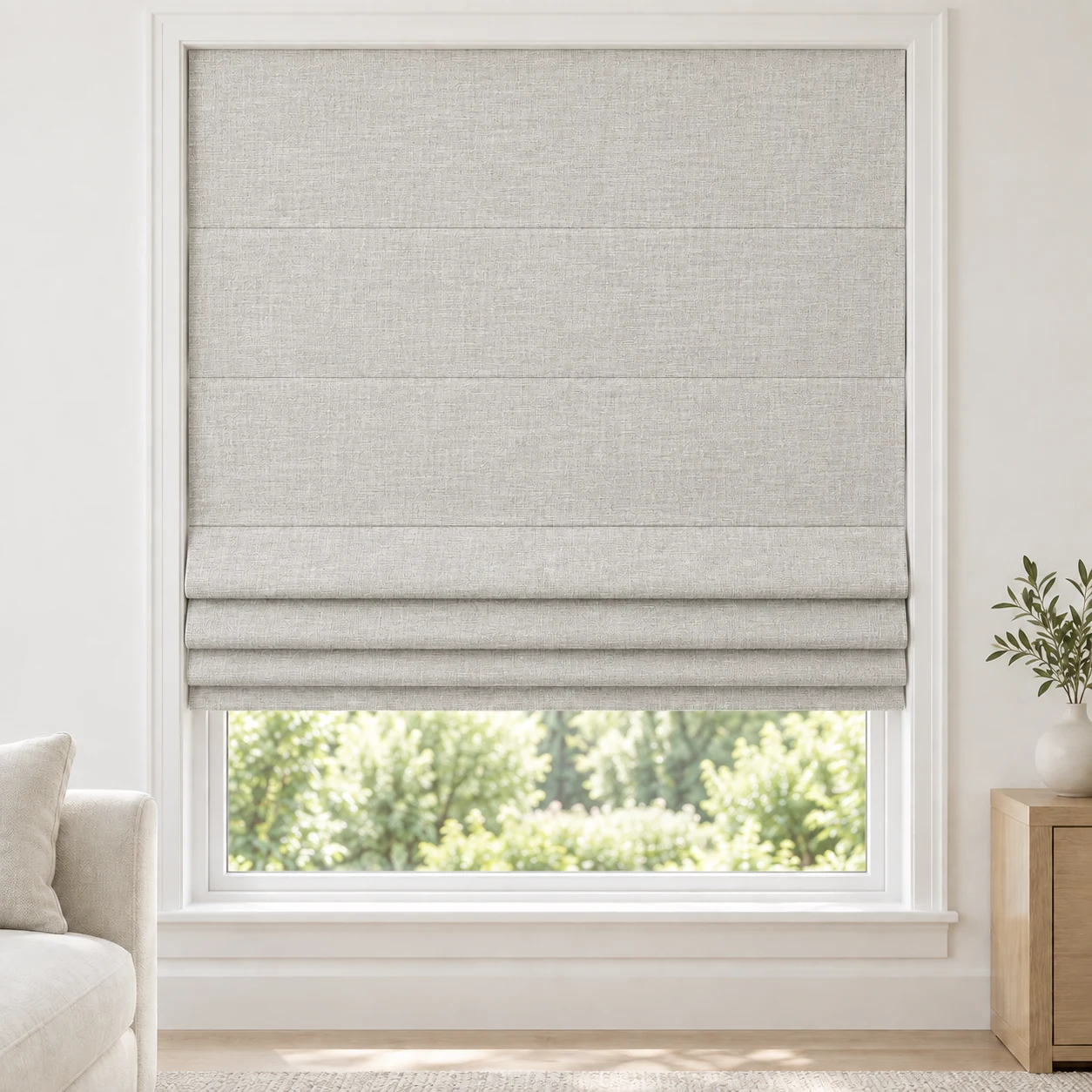 Soft Greige cordless Roman shade with a softly layered woven texture in a styled living room, blackout, fabric BXY06