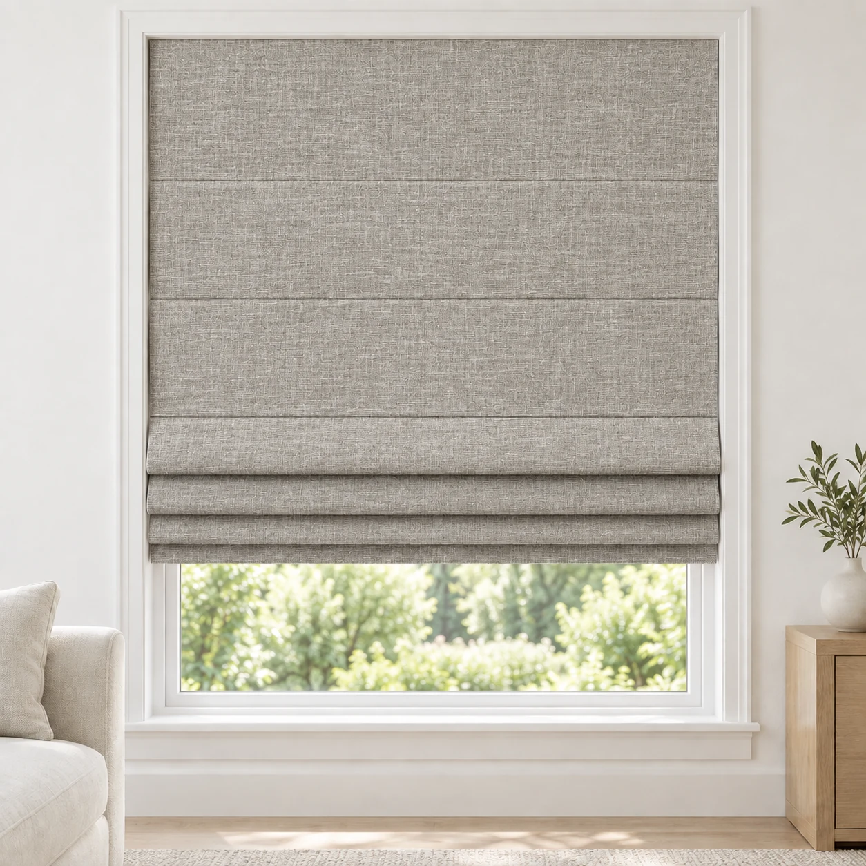 Mushroom Taupe cordless Roman shade with a softly layered woven texture in a styled living room, blackout, fabric BXY08