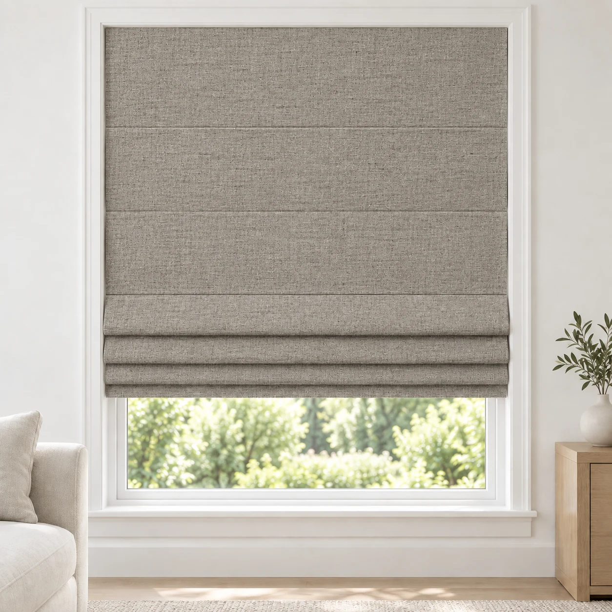 Warm Taupe cordless Roman shade with a rich, irregular linen-style weave in a styled living room, blackout, fabric BZM27