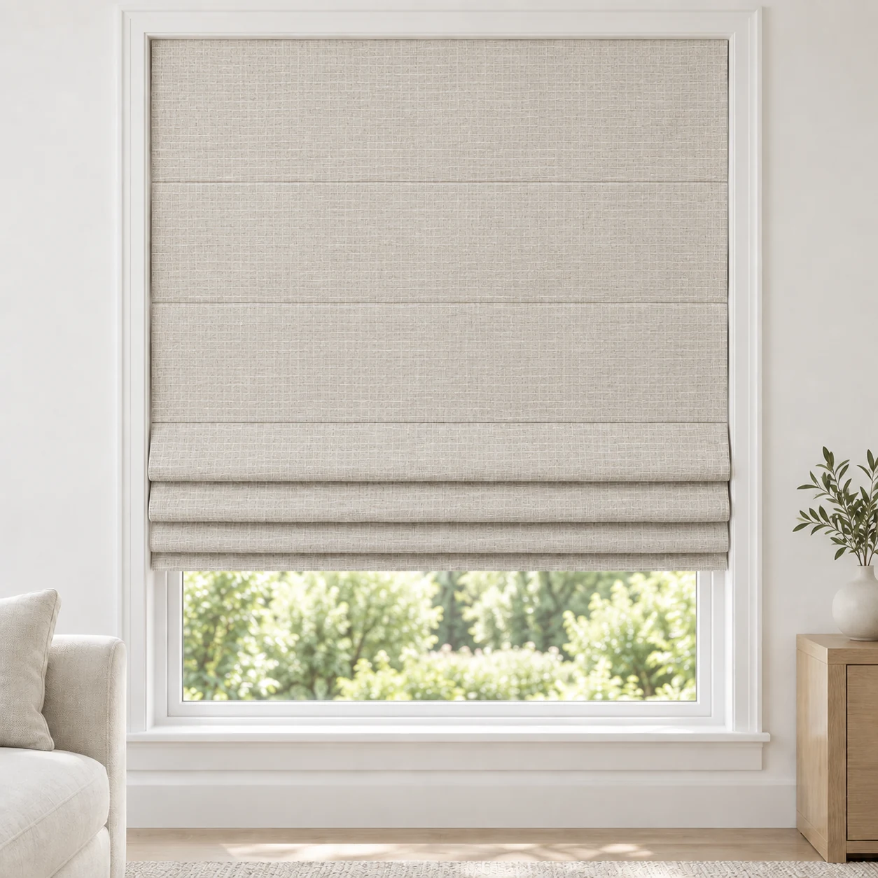 Natural Flax cordless Roman shade with a fine, softly striped texture in a styled living room, light filtering, fabric HMY06