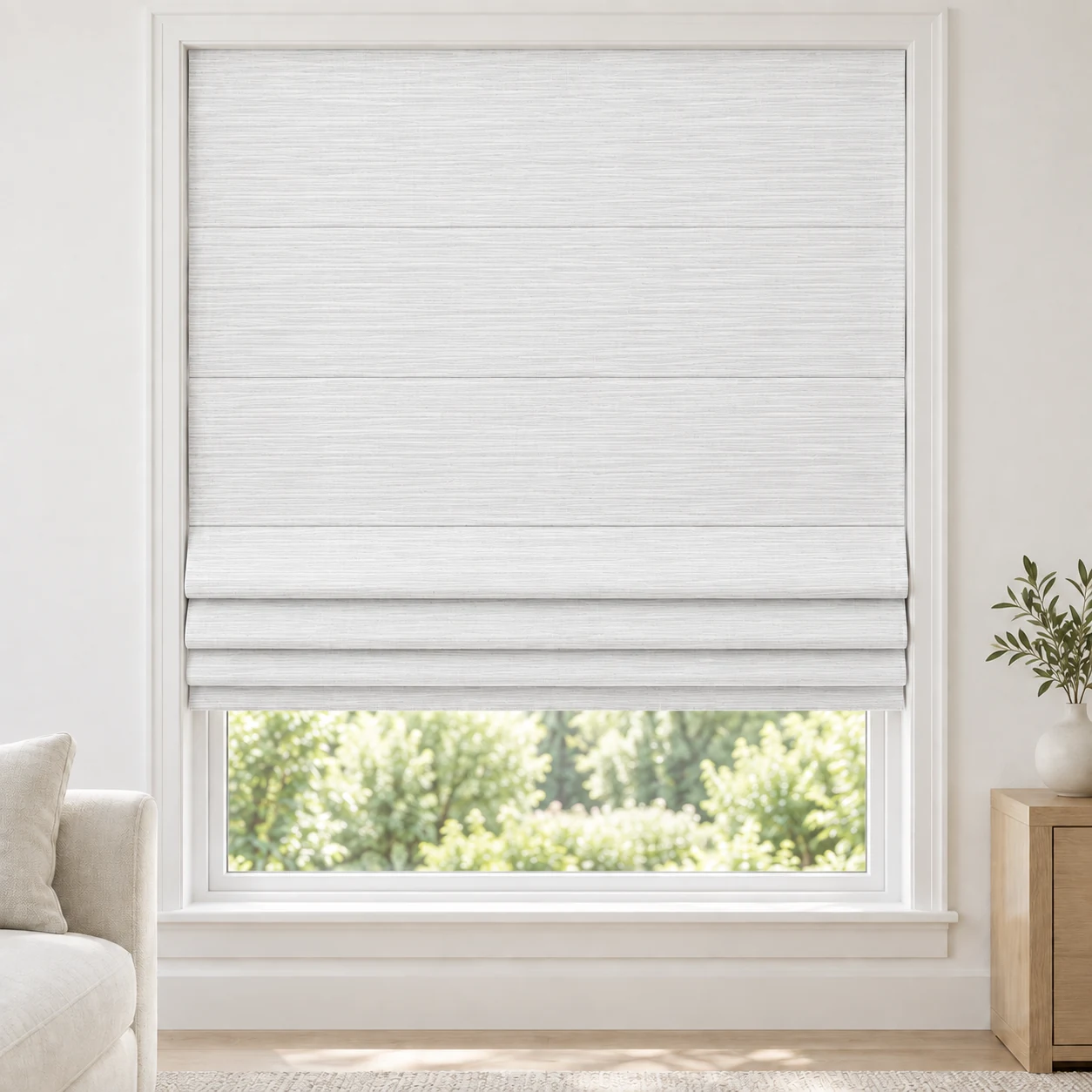 Snow White cordless Roman shade with a bamboo-inspired linear texture in a styled living room, light filtering, fabric LFZ01