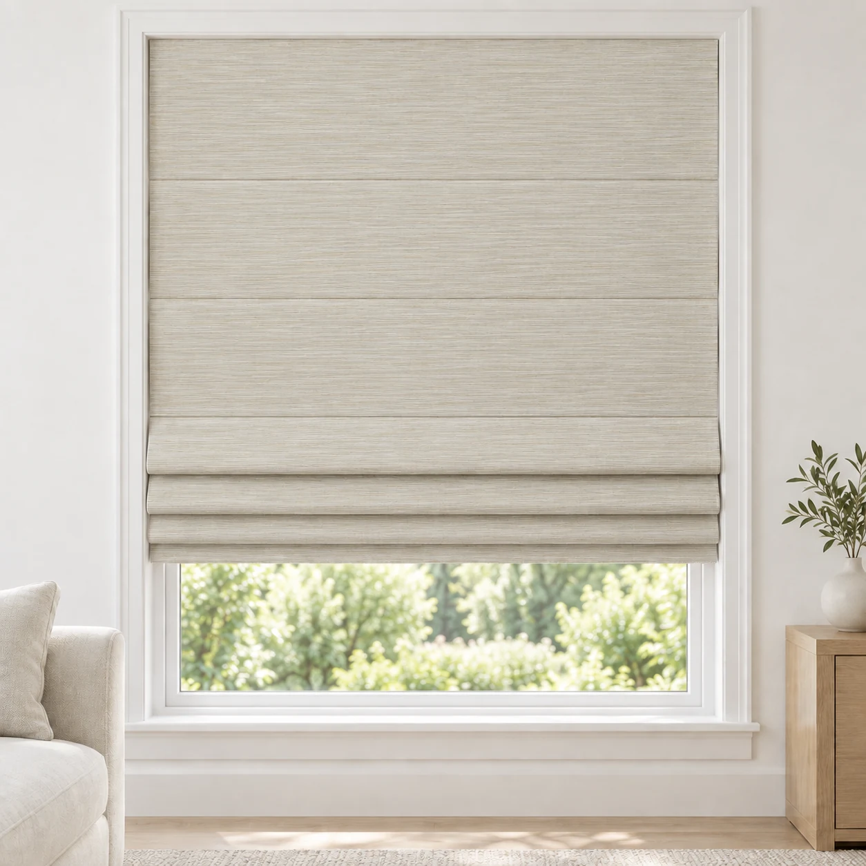 Straw Ivory cordless Roman shade with a bamboo-inspired linear texture in a styled living room, light filtering, fabric LFZ06
