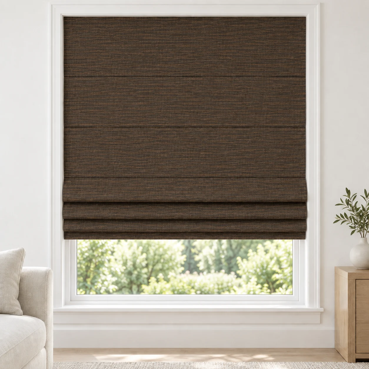 Chocolate cordless Roman shade with a bamboo-inspired linear texture in a styled living room, light filtering, fabric LFZ08