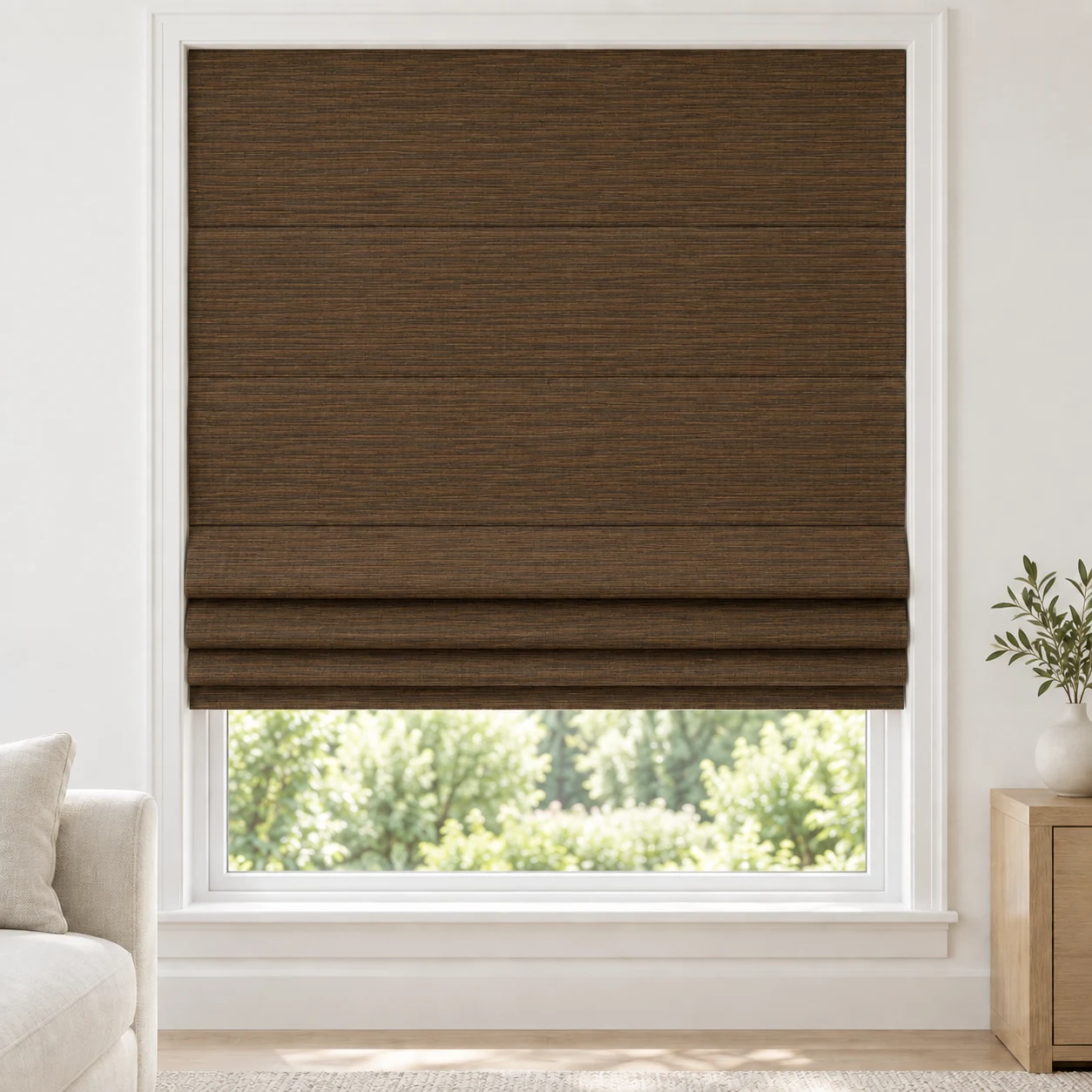 Walnut cordless Roman shade with a bamboo-inspired linear texture in a styled living room, light filtering, fabric LFZ15