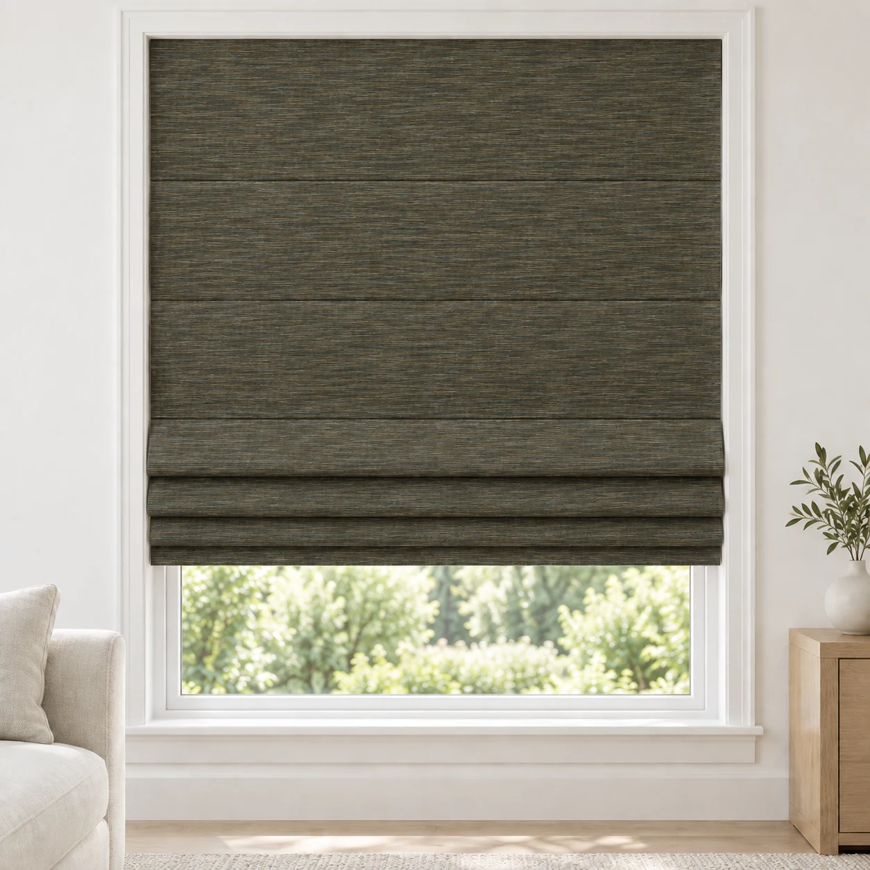 Olive Bark cordless Roman shade with a bamboo-inspired linear texture in a styled living room, light filtering, fabric LFZ33
