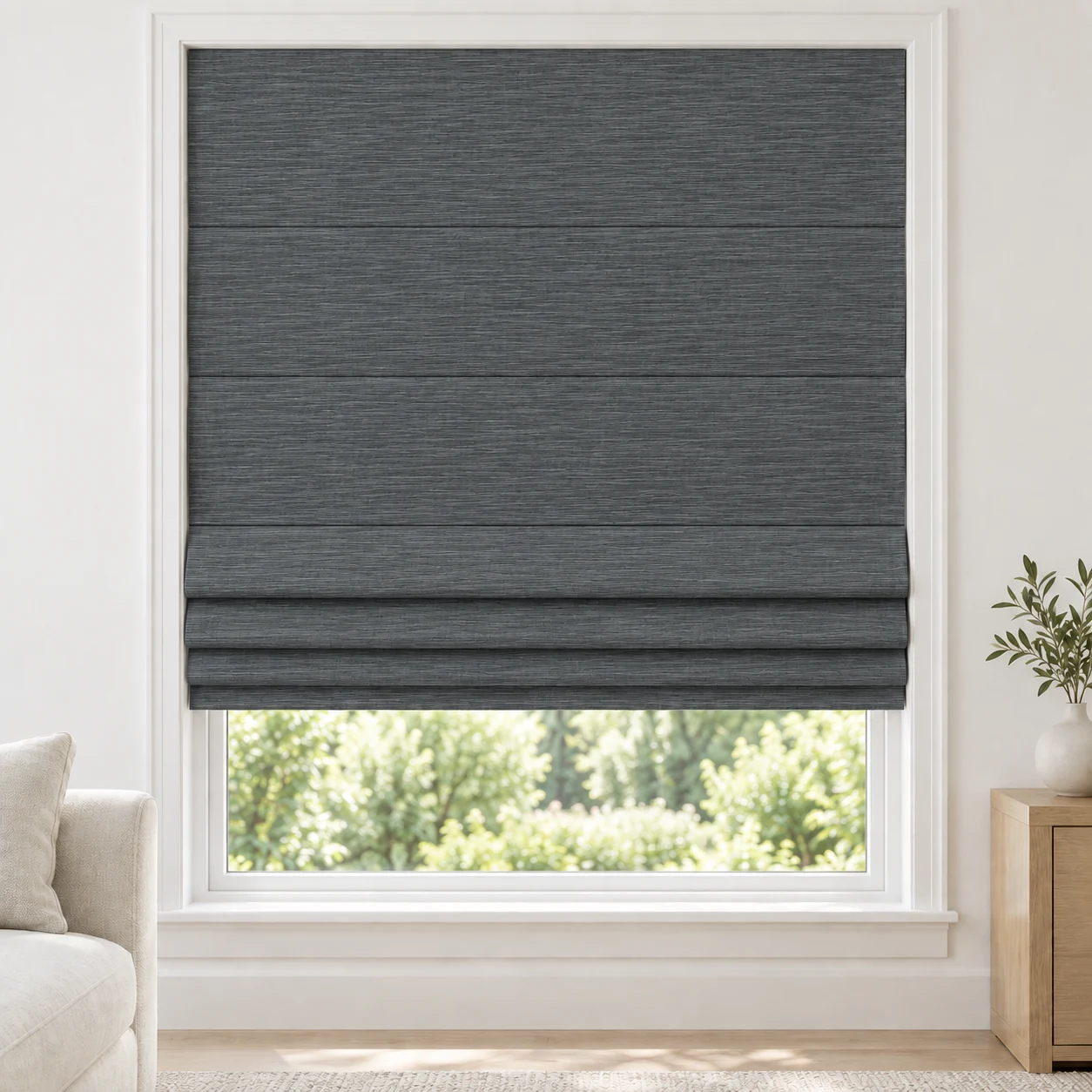 Slate Grey cordless Roman shade with a bamboo-inspired linear texture in a styled living room, light filtering, fabric LFZ34